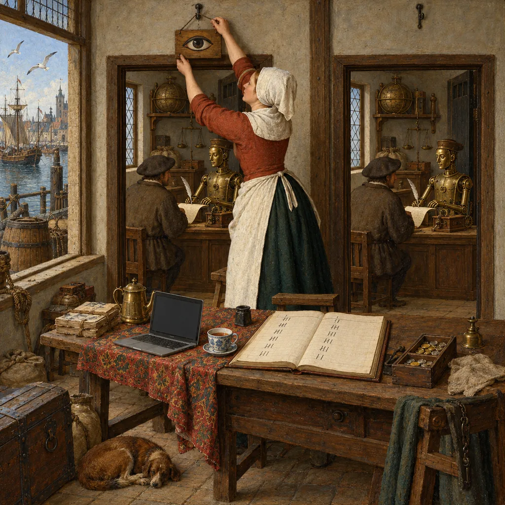 A Flemish-style harbour counting house where a woman with a laptop and a cup of tea swaps a small sign showing an eye between two identical rooms, in each of which the same mechanical clerk serves the same visitor, while she tallies answers in a two-column ledger.
