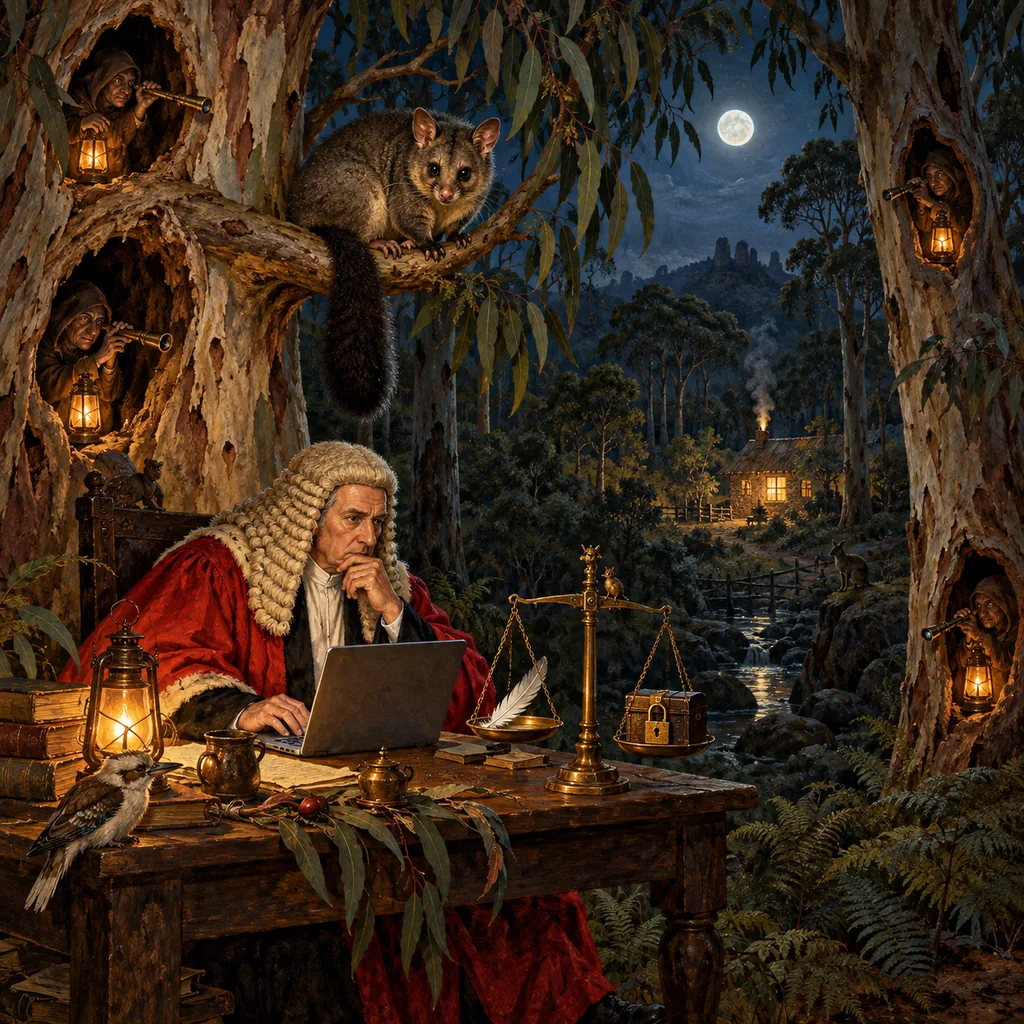 A Bosch-style night forest where small watchers with spyglasses hide in hollow trees and peer into a lit cottage, a possum on a branch stares back at them, and a judge at a desk with a laptop weighs a feather against a locked box.