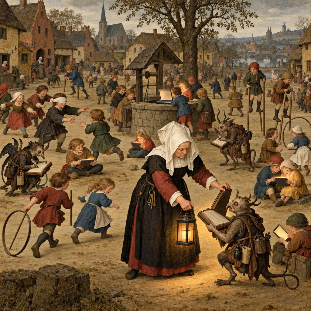 A Bruegel-style village green full of children playing hoops and stilts, some holding glowing tablets, while small creatures with ledgers take notes and a stern woman with a lantern closes their ledgers one by one, beside a laptop on a well.