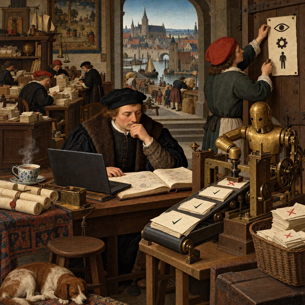 A Flemish counting house where a man at a desk with a laptop watches a brass automaton stamp a conveyor of letters, checking it against an open book, while a clerk pins a pictogram notice to the door and a cup of tea steams beside him.