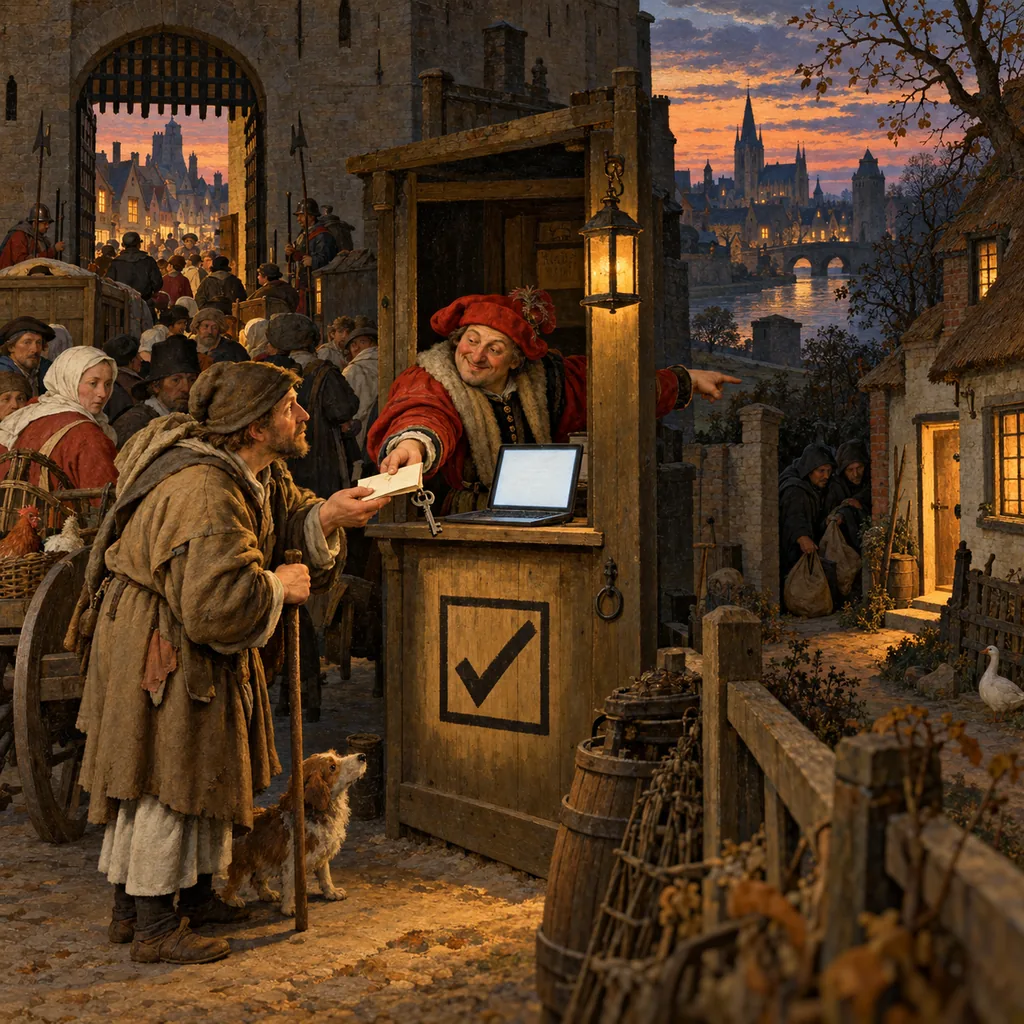 A Bruegel-style town gate at dusk where a smiling gatekeeper at a booth marked with a tick-box symbol hands a puzzled peasant a folded note and a key, and points back at the peasant's own cottage, while two hooded thieves wait in the shadows behind it. A laptop glows on the booth's ledge.