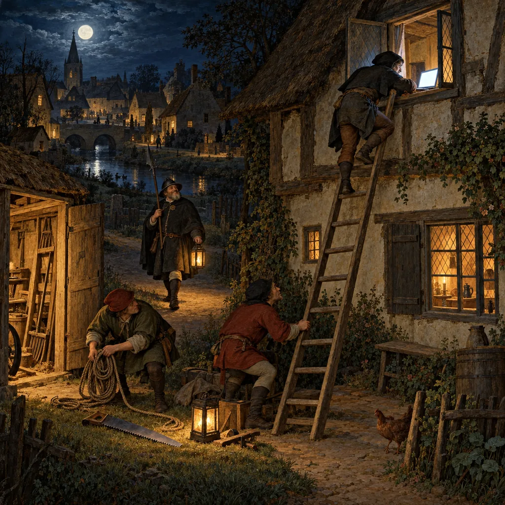 A Flemish-style village at night where a burglar climbs into a cottage window on the owner's own ladder, his helpers using tools from the owner's open shed, while a night watchman walks past and nods because everything he sees belongs to the house. A laptop glows on the windowsill.