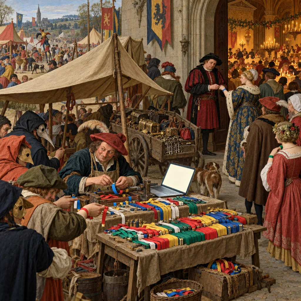 A Bruegel-style fair where guests show cloth wristbands to a doorman to enter a feasting hall, while in a nearby tent a sly tailor copies wristbands for a queue of masked strangers, beside a cart heaped with keys and purses. A laptop glows on the tailor's table.