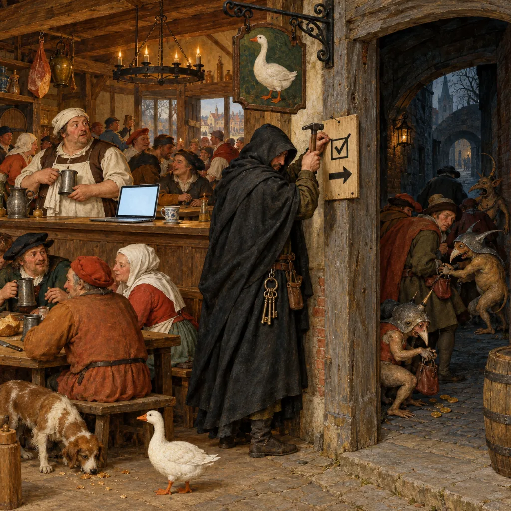A busy Flemish inn where a cloaked stranger nails his own notice board, marked with a tick-box symbol and an arrow, beside the innkeeper's, sending guests down a dark side passage where small creatures take their purses. The innkeeper's ring of keys hangs from the stranger's belt. A laptop and a cup of tea sit on the bar.