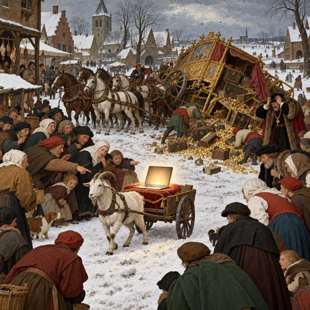 A Flemish-style winter market where a small goat cart carrying a glowing laptop draws the crowd's attention, while behind it a huge gilded carriage loaded with coin chests tips onto one wheel and spills coins into the snow.