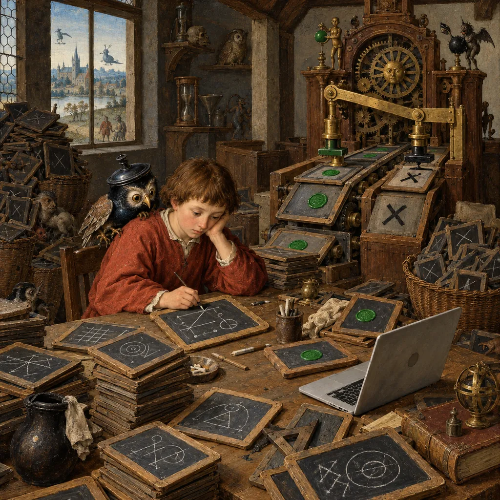 A Bosch-style schoolroom where a lone scholar works sums on slates while a brass clockwork machine at the back stamps each slate with a seal or a cross, piles of rejected slates fill the corners, and a laptop sits among them.
