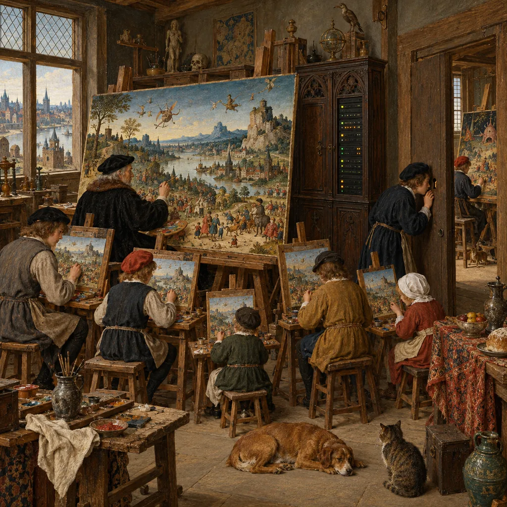A Flemish-style painter's workshop where six apprentices of different sizes copy an old master's panels at small easels, while one apprentice peeks through a keyhole into a rival workshop, and a server cabinet stands in the corner.