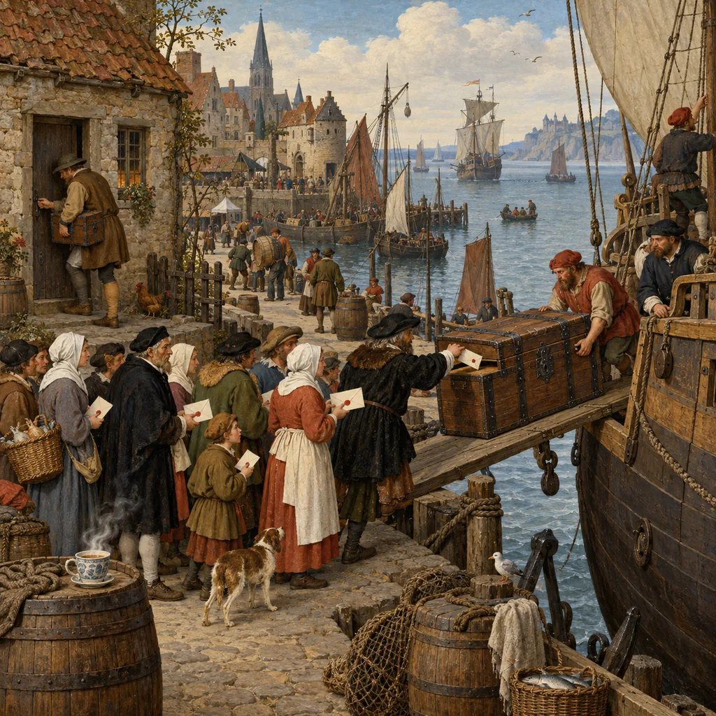 A Flemish-style harbour where villagers drop letters into a wooden chest about to be loaded onto a departing ship, while a farmer carries a small chest of his own into a stone cottage, and a cup of tea steams on a barrel.