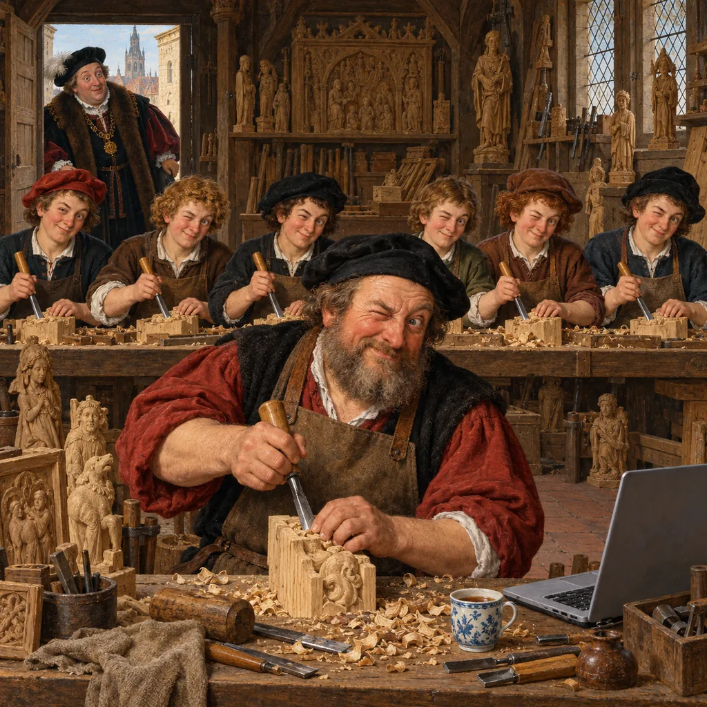 A Bruegel-style guild hall where a master craftsman demonstrates a chisel stroke while winking at a customer, and a long row of apprentices copy both the stroke and the wink, beside a laptop and a cup of tea on the master's bench.