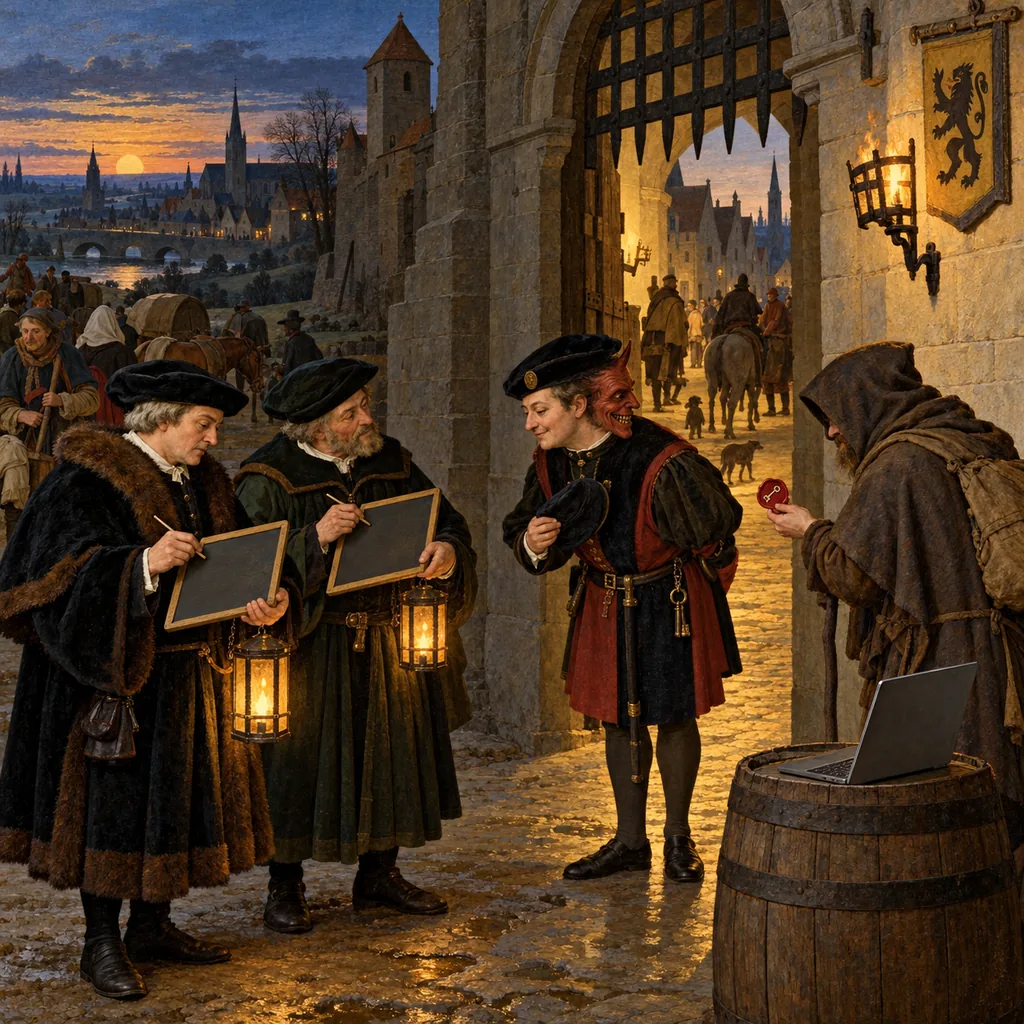 A Flemish-style town gate at dusk where a polite gatekeeper bows to two inspectors with lanterns, while out of their view a hooded traveller shows him a small wax seal and the half of his face turned towards the traveller is a grinning demon mask, beside a laptop on a barrel.