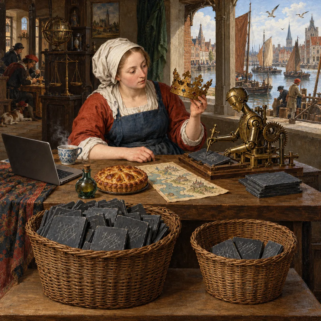 A Flemish-style canal-side counting house where a woman with a laptop and a cup of tea holds up a crown, a pie, a map and a bottle to a brass mechanical scribe, who writes on slates that she sorts into two baskets.