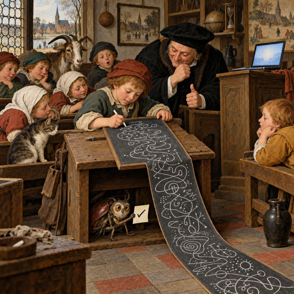 A Flemish-style schoolroom where a pupil writes a long column of working on a slate that spills to the floor, while under the desk a small owl-beetle imp holds up a scrap of paper with the answer, and the schoolmaster nods with approval beside a laptop on his lectern.