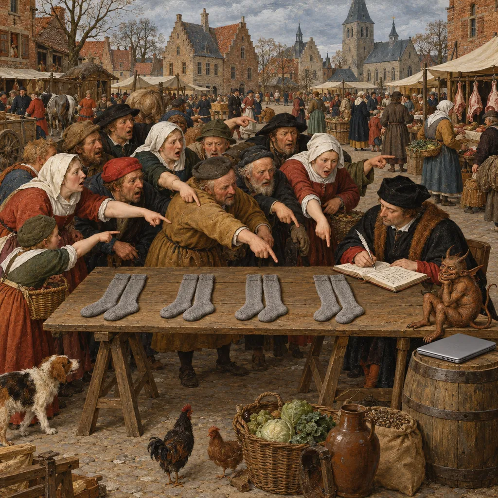 A Bruegel-style market where villagers all point to the rightmost of four identical pairs of stockings on a table and explain their choice to a clerk with a ledger, while an unnoticed imp sits at the right end of the table beside a laptop on a barrel.