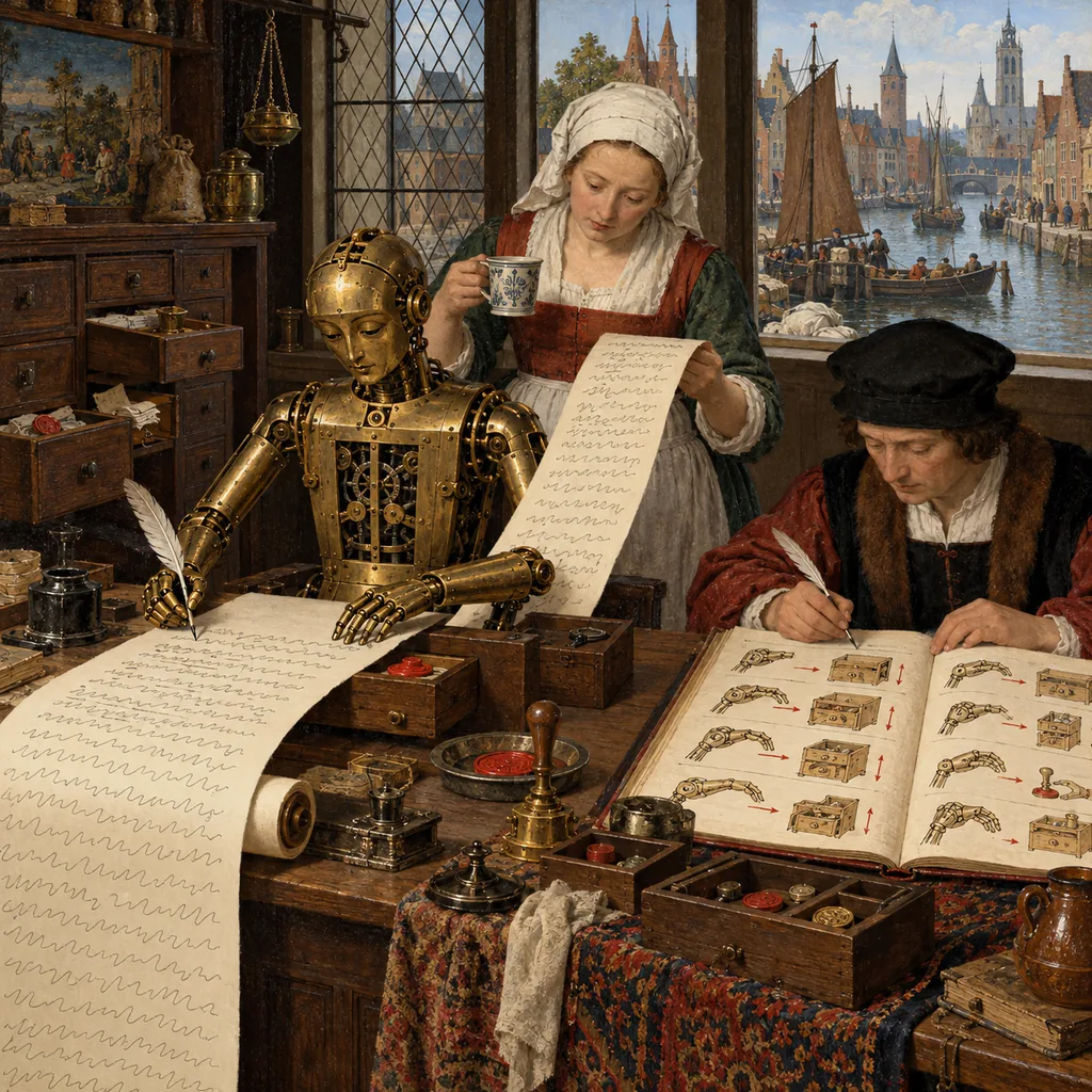 A Flemish canal-side counting house where a woman with a cup of tea reads the long scroll a brass mechanical scribe is writing, while a second clerk records in a ledger every drawer and seal the scribe's hands touch.