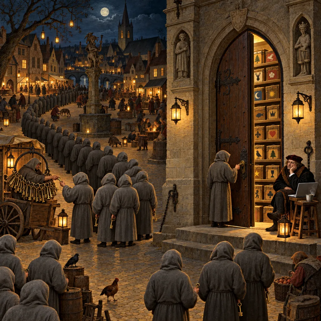 A Bruegel-style village square at night where a long queue of grey-hooded figures each try one brass key from a pedlar's huge key ring in the door of a counting-house, while a bored clerk with a laptop and a cup of tea watches one key turn and the door open onto shelves of small strongboxes.