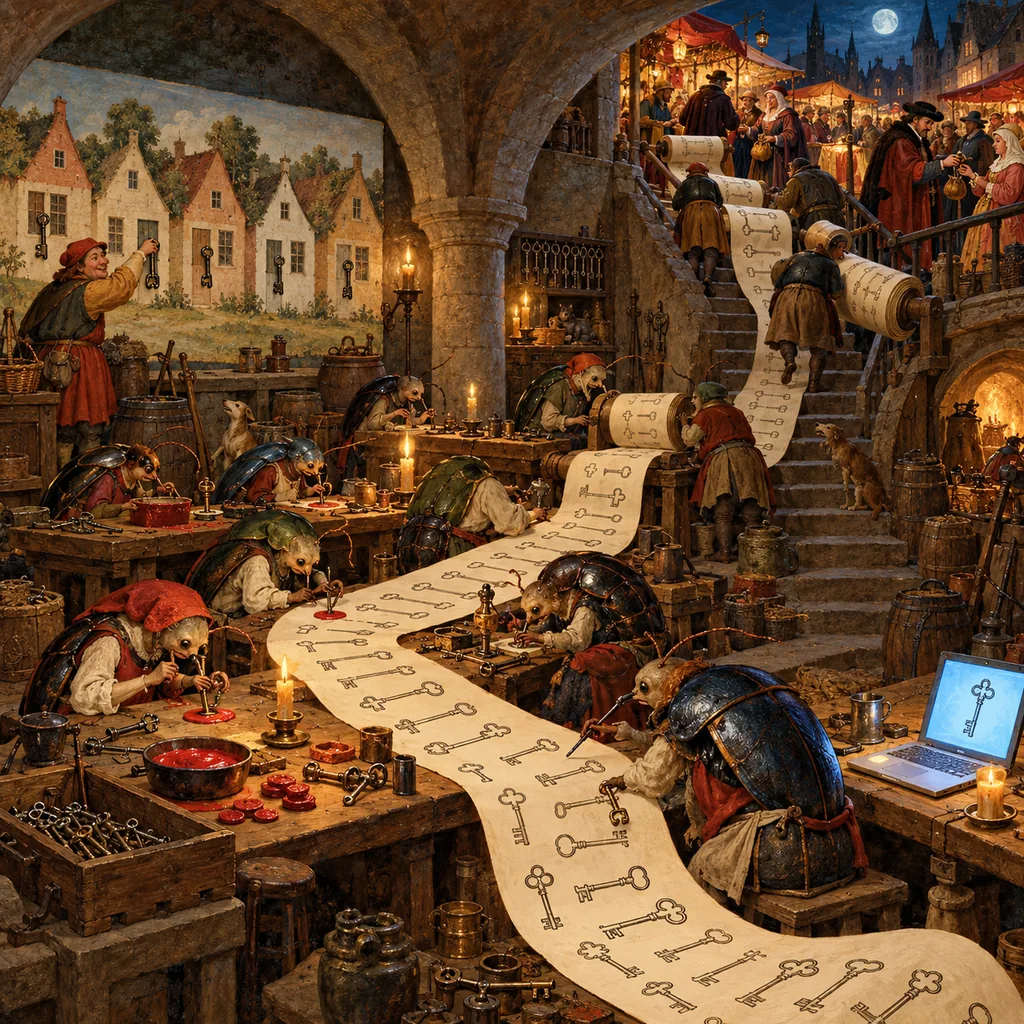 A Bosch-style cellar workshop where beetle-like scribes copy villagers' keys into wax and onto a giant scroll that merchants carry up to a night market, while in a corner a villager hangs one identical key on five different houses.