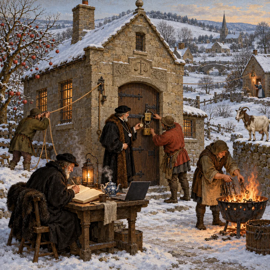 A Bruegel-style winter village where villagers fit a second lock to a counting-house door, run a bell-rope to the owner's cottage, burn old keys in a brazier, and a watchman logs visitors beside a teapot and a laptop while a goat watches from a wall.