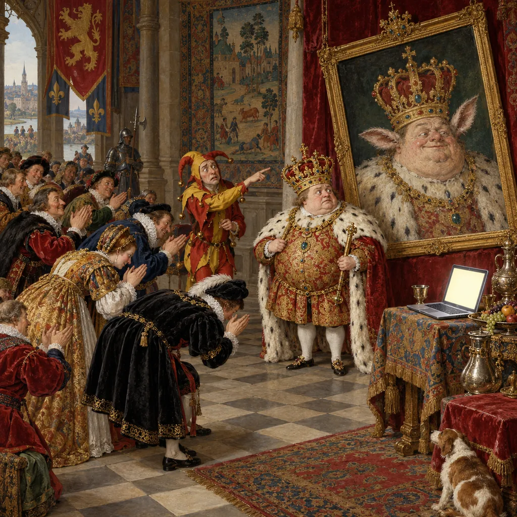 A Bruegel-style royal court where courtiers bow and applaud a lopsided portrait of a small king with goat's ears, while a lone jester points at the ears and a glowing laptop on a side table faces the king.
