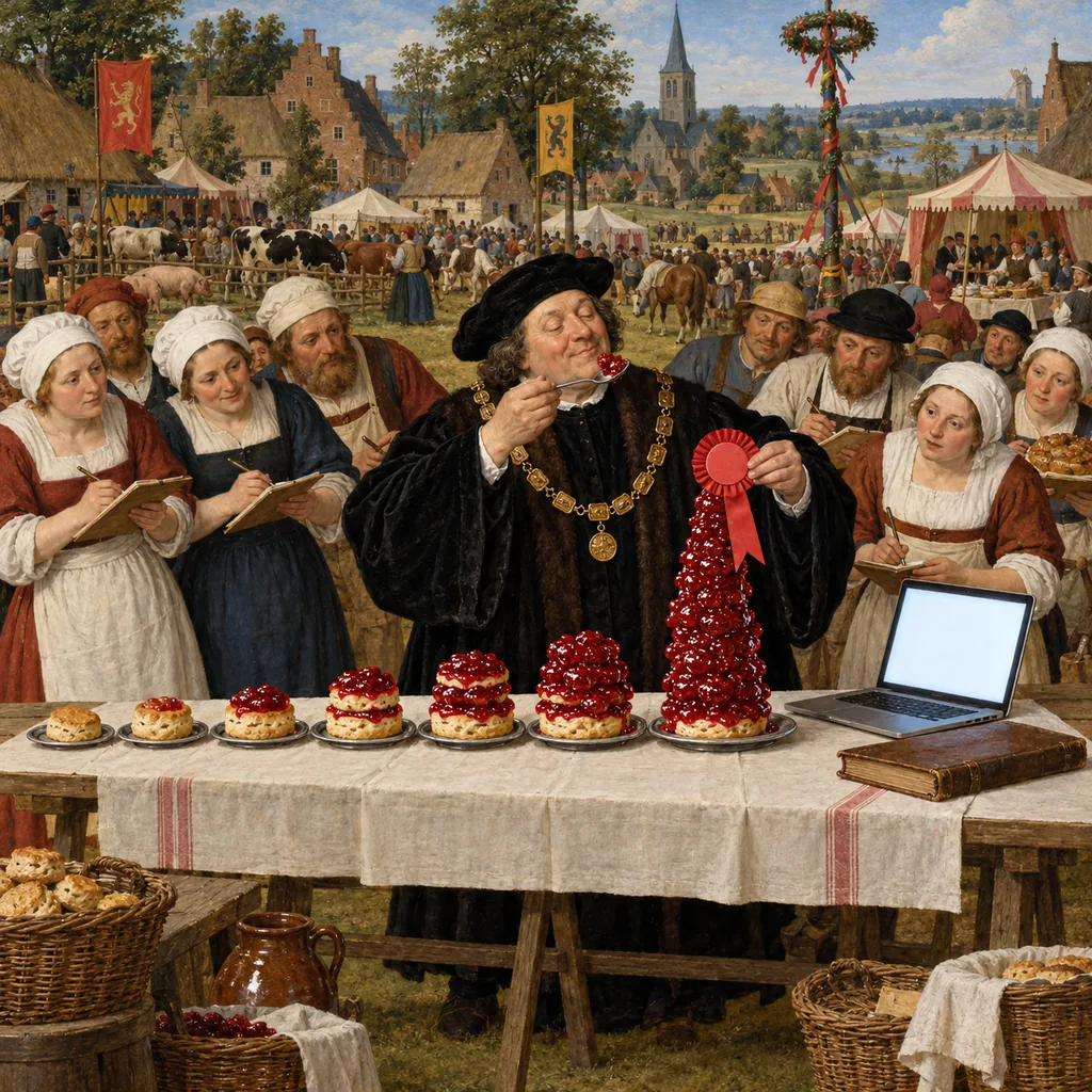 A Flemish village show where rows of scones are piled ever higher with jam until they are almost all jam, and a robed judge happily pins a rosette on the tallest jam tower while bakers take notes and a laptop sits on the judge's table.