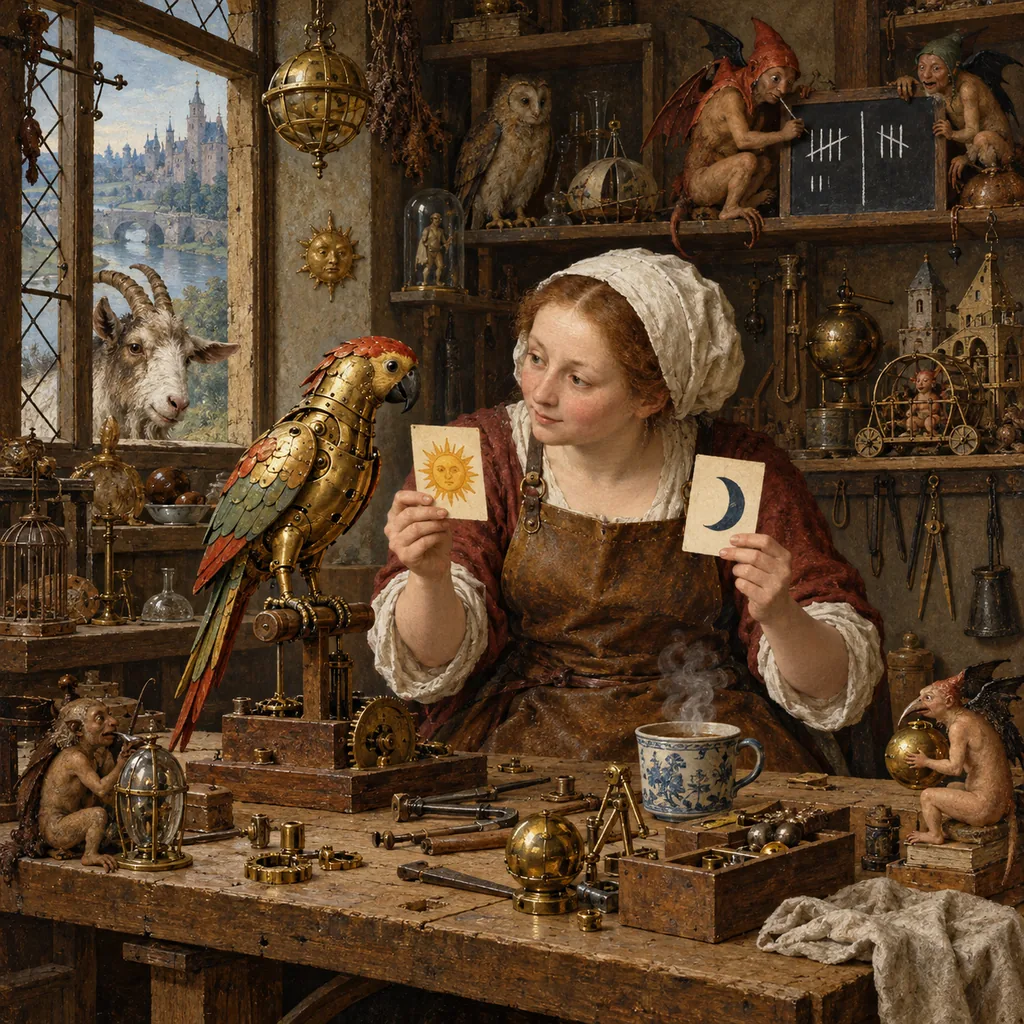 A Bosch-style workshop where a craftswoman holds up two opposite cards, a sun and a moon, to a brass mechanical parrot on her bench, while imps on a shelf keep tally marks and a cup of tea steams beside her.