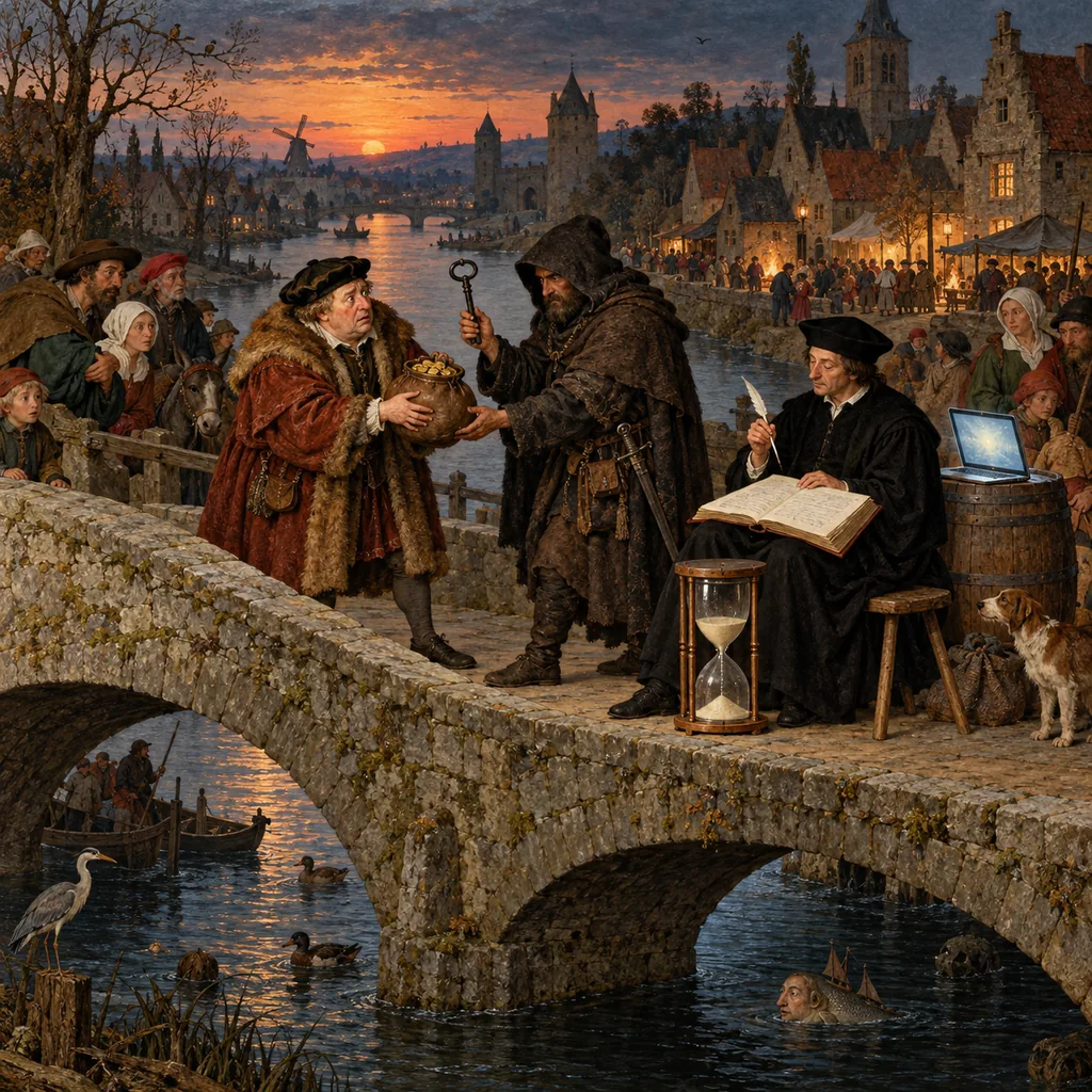 A Bruegel-style stone bridge at dusk where a nervous merchant hands a purse of coins to a hooded highwayman holding a large iron key, while a town clerk on a stool beside them waits with an open ledger, a raised quill and an hourglass at his feet, and a laptop glows on a barrel behind him.