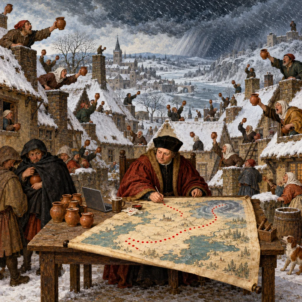 A Bruegel-style winter village where villagers on the rooftops hold up rain jars and call out to a clerk in the square, who marks dots on a large map that trace the path of a storm, while a few villagers hide their jars under their cloaks and a laptop and a cup of tea sit on the clerk's table.