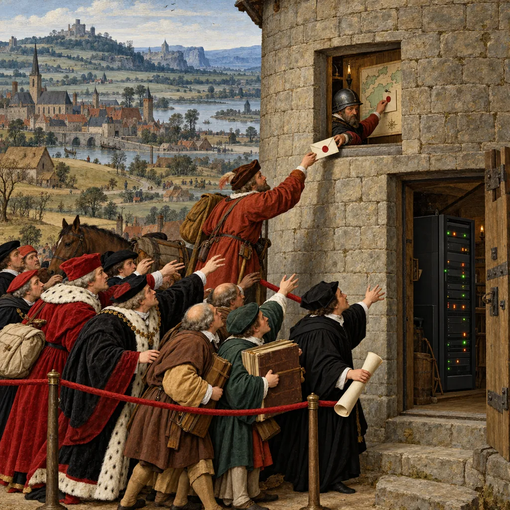 A Flemish-style watchtower where a merchant passes a sealed letter through a small window to a watchman, while magistrates, tax-gatherers and a lawyer are held back behind a red rope, reaching for the letter, and a server cabinet stands inside the tower door.
