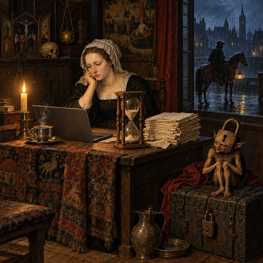 A Flemish counting room at night where a woman at a candle-lit desk watches a large hourglass beside a stack of papers, a messenger on horseback waits outside the open window in the rain, and a small imp with a padlock for a head grins from a locked chest on the floor.