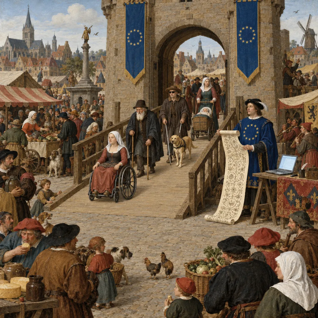 A Flemish-style market square where a wheelchair user, a man with a cane, a blind pedlar with a guide dog and a mother with a pram pass up a wide ramp through a town gate, while a herald in a blue tabard with gold stars unrolls a scroll beside a glowing laptop on a trestle table.