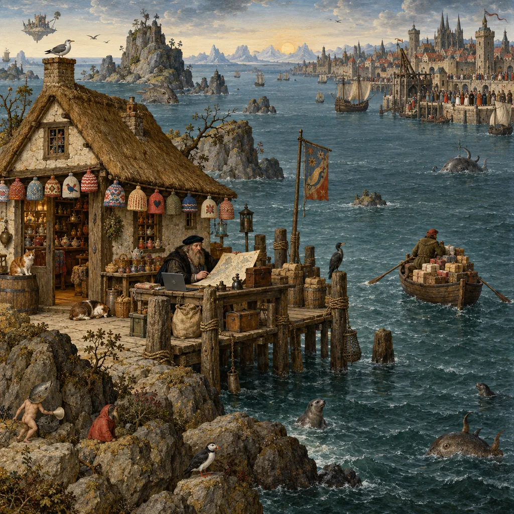 A Bruegel-style harbour scene where a small island cottage shop hung with tea cosies sends a rowing boat of parcels across a wide sea towards a crowded distant continent, while a customs clerk with a ledger and a laptop studies a map on the jetty.