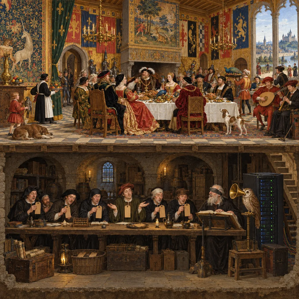 A Bosch-style cutaway of a hall: upstairs, gilded decorations and feasting nobles; in the cellar below, clerks hold plain wooden tags for each object while a blind scribe with an owl-eared creature listens, and one clerk shrugs over a blank tag beside a server cabinet.
