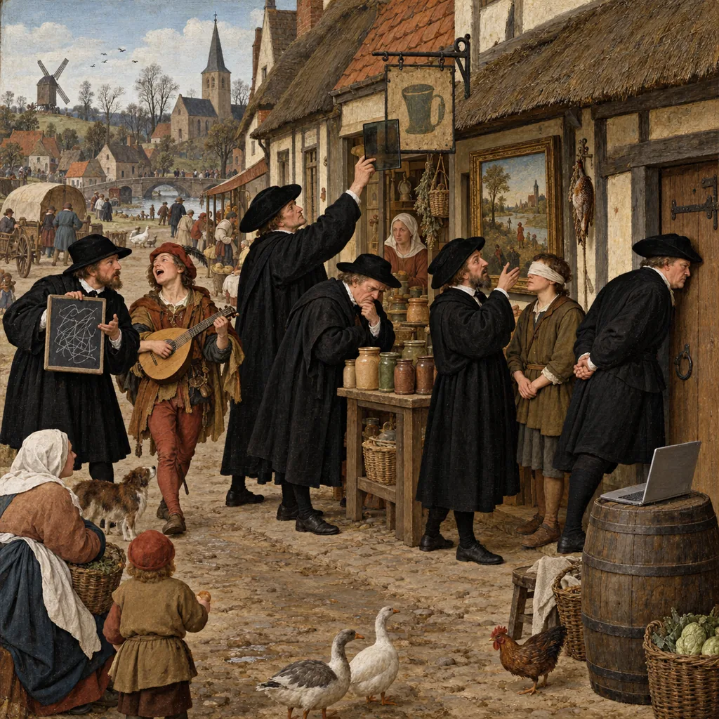 A Flemish village street on inspection day where five black-hatted inspectors each test a shopfront differently: one pushes doors with his shoulder, one looks at a faded sign through smoked glass, one frowns at unlabelled jars, one describes a painting to a blindfolded apprentice, and one holds up a slate of words beside a singing minstrel.