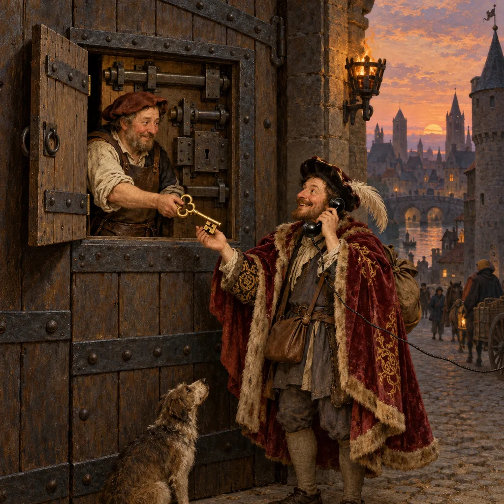 A Flemish-style town gate at dusk, where a friendly gatekeeper leans out of a small window in a heavily bolted door and hands a brass key to a smiling traveller in an ill-fitting noble cloak who holds a telephone handset to his ear.