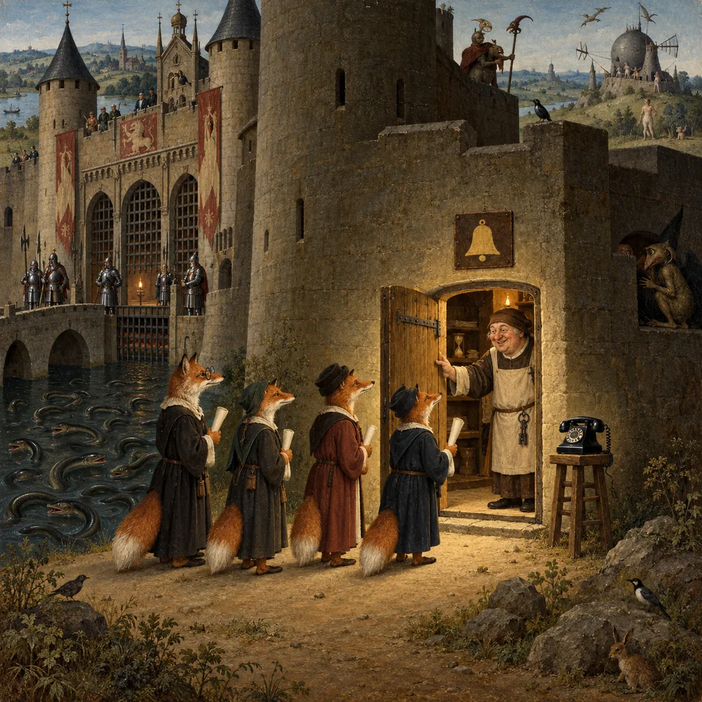A Bosch-style fortress in cross-section, where armoured knights guard a grand front gate while, round the side, a cheerful porter opens a small wooden hatch for a queue of fox-headed clerks holding scrolls, with a modern desk phone on a stool beside him.