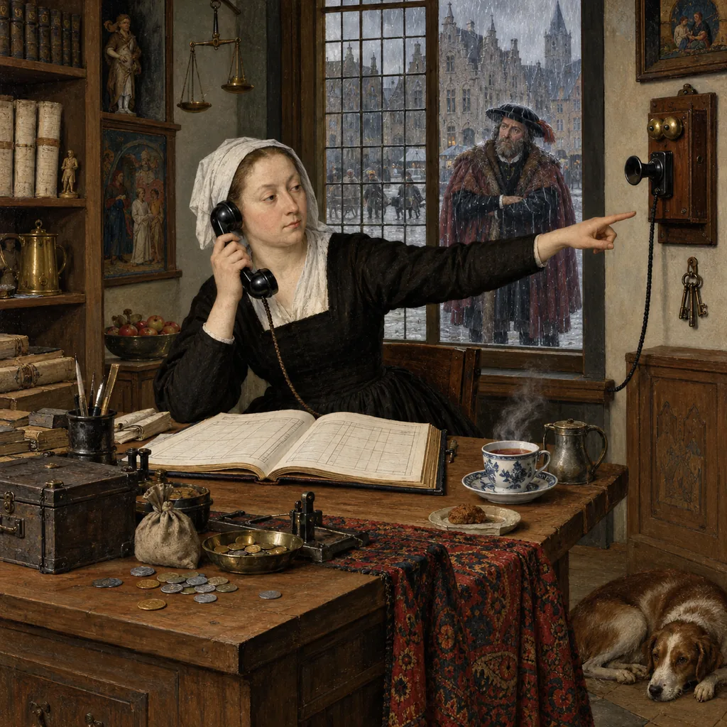 A Flemish-style counting house where a calm woman at a desk holds a telephone handset and points to a second telephone on the wall, while an impatient man in a fine cloak waits in the rain outside the window and a cup of tea steams on the desk.