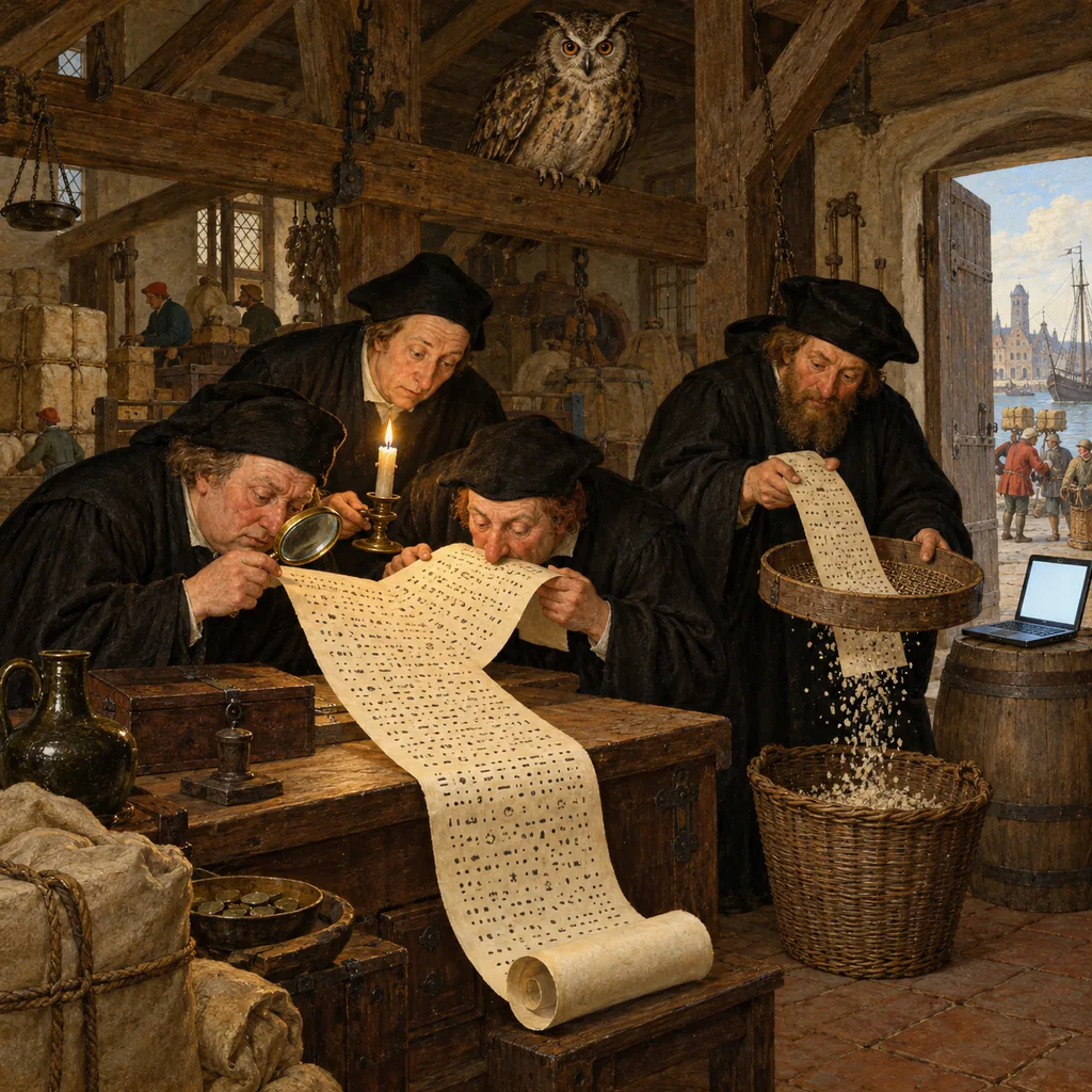 A Bruegel-style customs house where robed inspectors search a long scroll of marks with a magnifying glass, a candle and a sieve, while a large owl sits on the rafter directly behind them next to a laptop on a barrel.