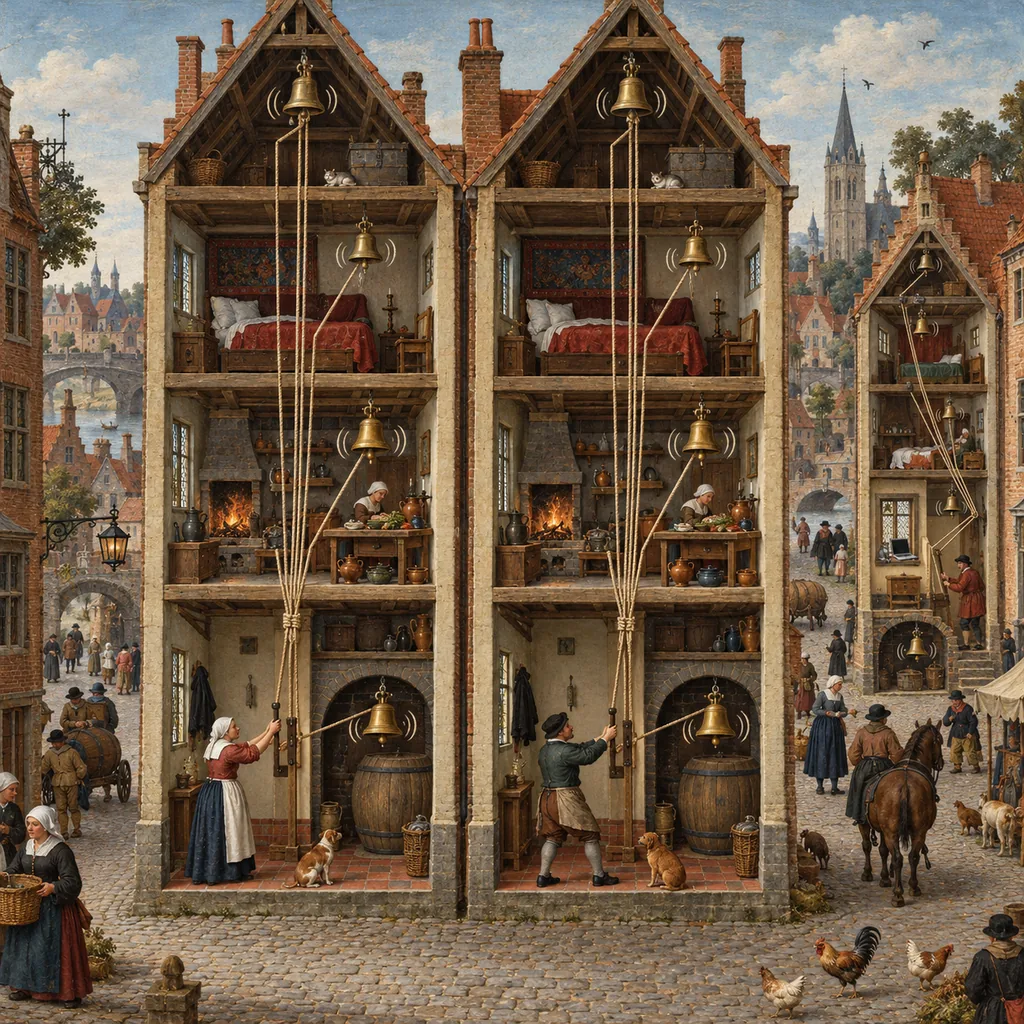 A cut-away Flemish street with two identical houses where pulling one lever in the front hall rings the same set of bells in every room of both houses, while a third, differently built house down the street has its ropes running elsewhere, and a laptop sits on a windowsill.
