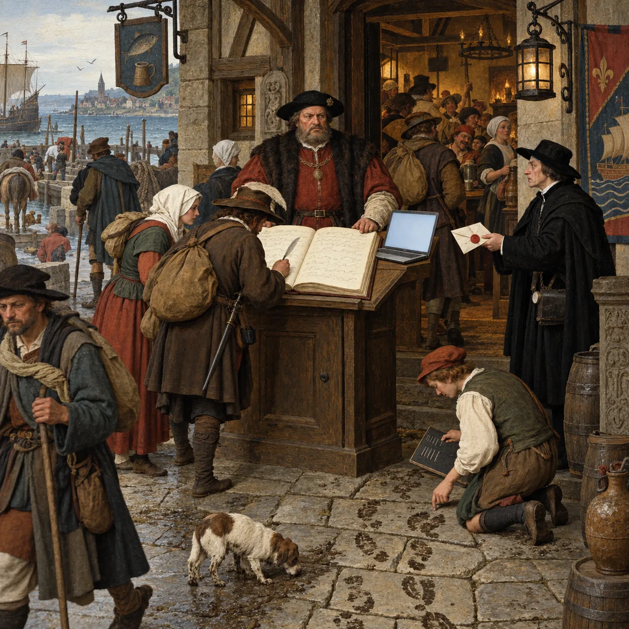 A Flemish-style inn doorway where a doorman stands at a lectern with a huge visitors' book, some travellers sign it while others walk past and a kneeling clerk counts their boot prints, and an inspector in black holds out a letter with a red wax seal beside a glowing laptop.
