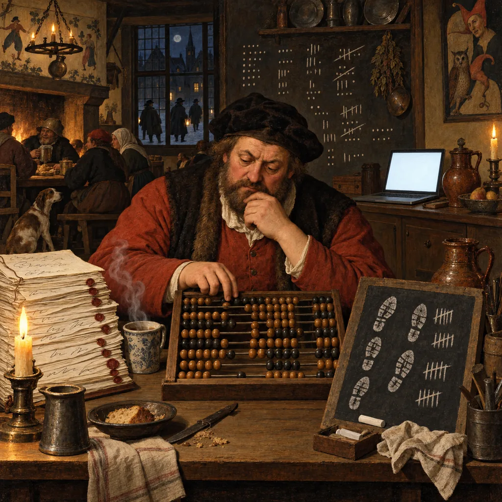 A Flemish-style inn parlour at night where an innkeeper works an abacus between a stack of signed guest pages and a slate of boot-print tallies, with chalk estimates on the wall behind him and a few shadowy figures passing the window unrecorded.