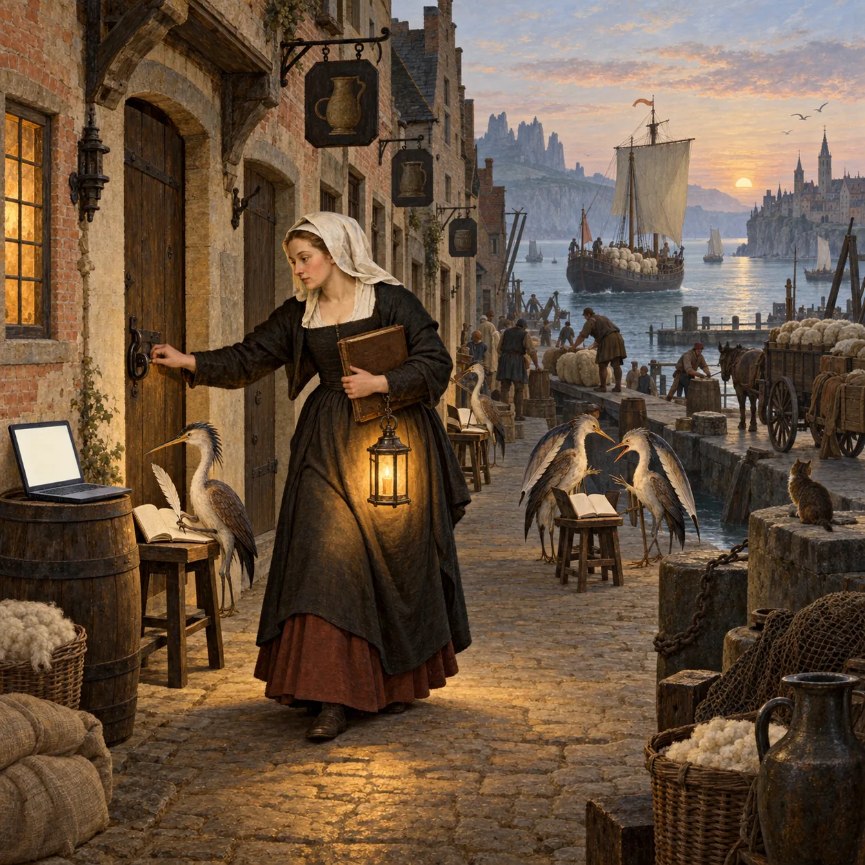 A Flemish harbour town at dawn where a woman with a lantern and a ledger tests the latch of each inn door while heron-like quill creatures wait to write at each one, and a ship carrying a wool bale sails towards a distant coast.