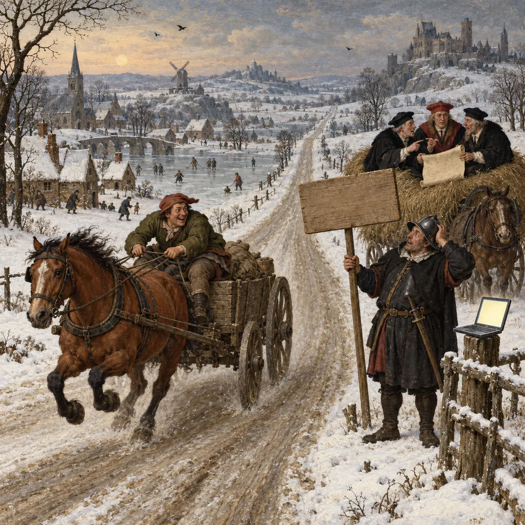 A Bruegel-style winter road across open plains where a cart speeds past a puzzled constable holding a blank wooden sign, while three judges on a hay cart argue over a scroll and a laptop glows on a fence post.