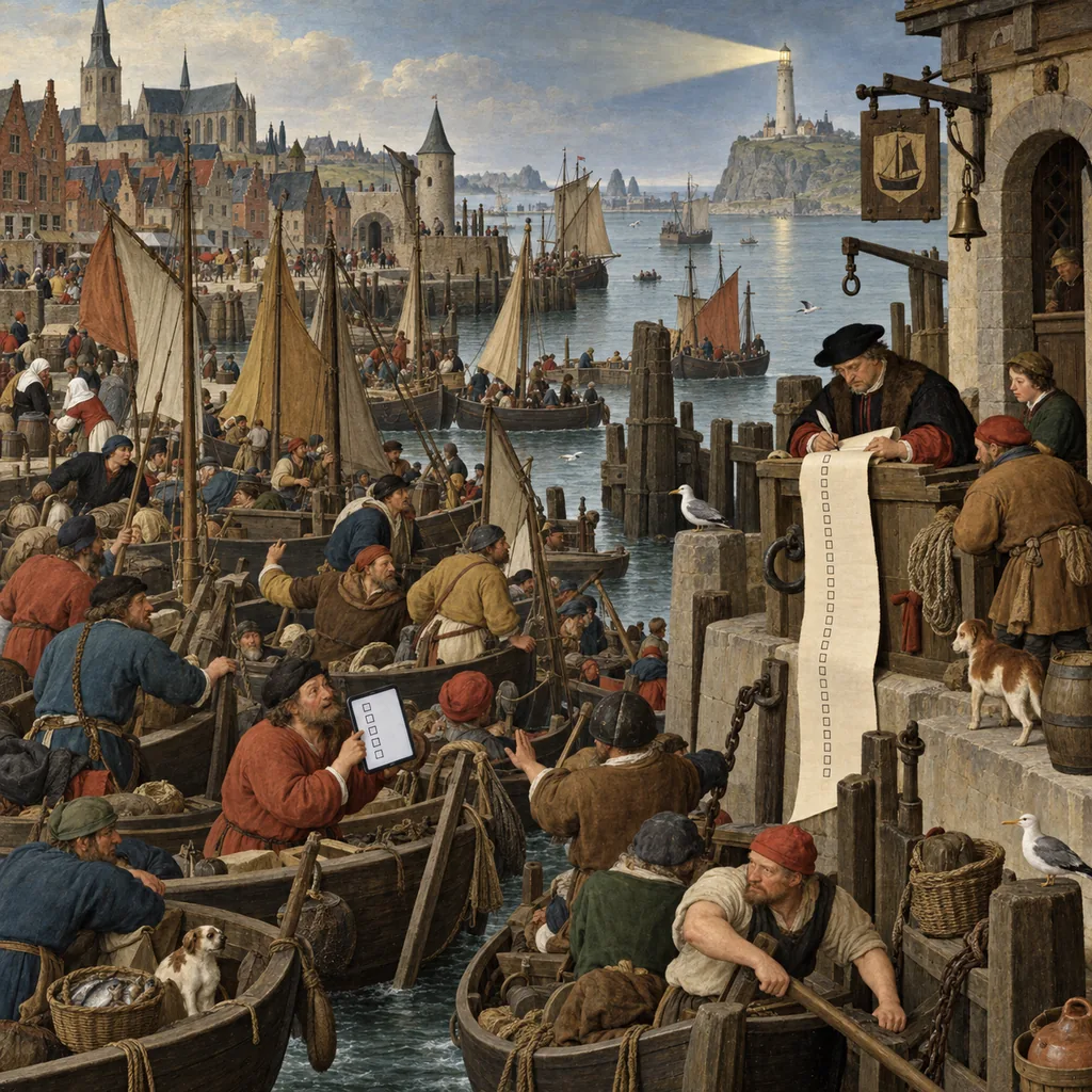A Flemish harbour where dozens of small boats crowd into a tiny walled harbour while a harbourmaster ticks a long list, and a distant lighthouse on a headland is ignored; one sailor holds up a tablet.