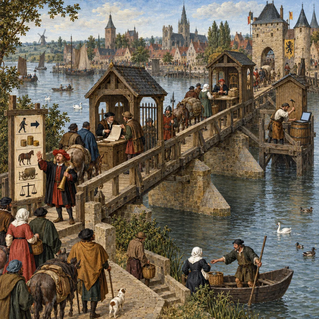 A Flemish river town where travellers on a toll bridge pass four stations: a crier reading a notice board, a ferryman offering another way across, a clerk showing a traveller a ledger, and an engineer tapping the timbers beside a laptop on a barrel.