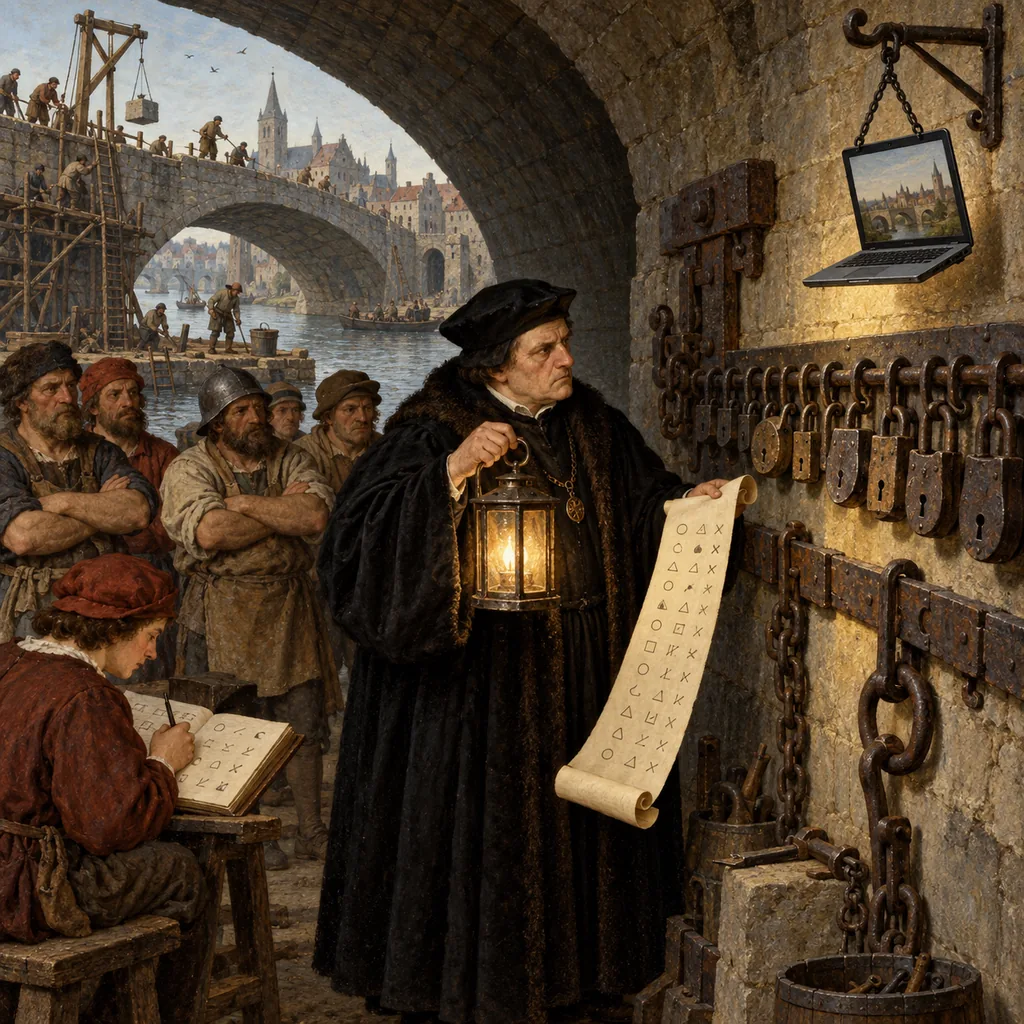 A Flemish-style scene under a stone bridge where an inspector with a lantern and a long checklist examines a wall of padlocks, while the builders stand silently behind him and a clerk records his findings beside a laptop hanging from a hook.