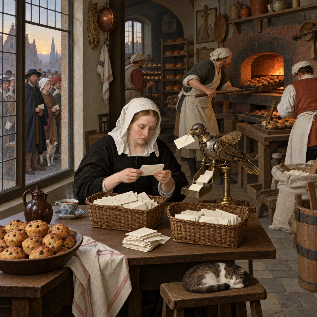 A Flemish-style bakery at dawn where bakers load muffins into an oven while a woman at a window table checks each letter that a small brass mechanical bird sorts into baskets, with a cup of tea beside her and a queue of applicants outside.