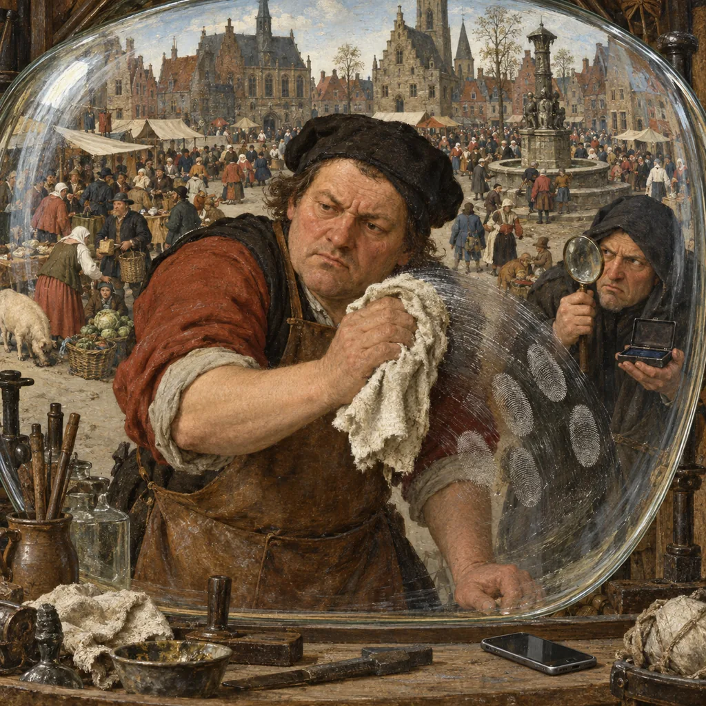 A Flemish-style market square seen through a large curved pane of glass, where a glazier in a leather apron wipes greasy fingerprints off the glass while a hooded figure with an ink pad and magnifying glass scowls on the other side, and a smartphone lies on the workbench.
