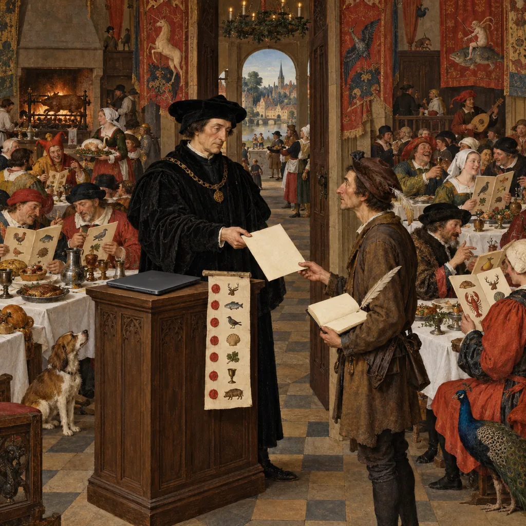 A crowded Flemish banquet hall where a maître d' at the door checks a short list and hands a thin man with a quill a blank menu, while other diners read full menus and a closed laptop rests on the lectern.