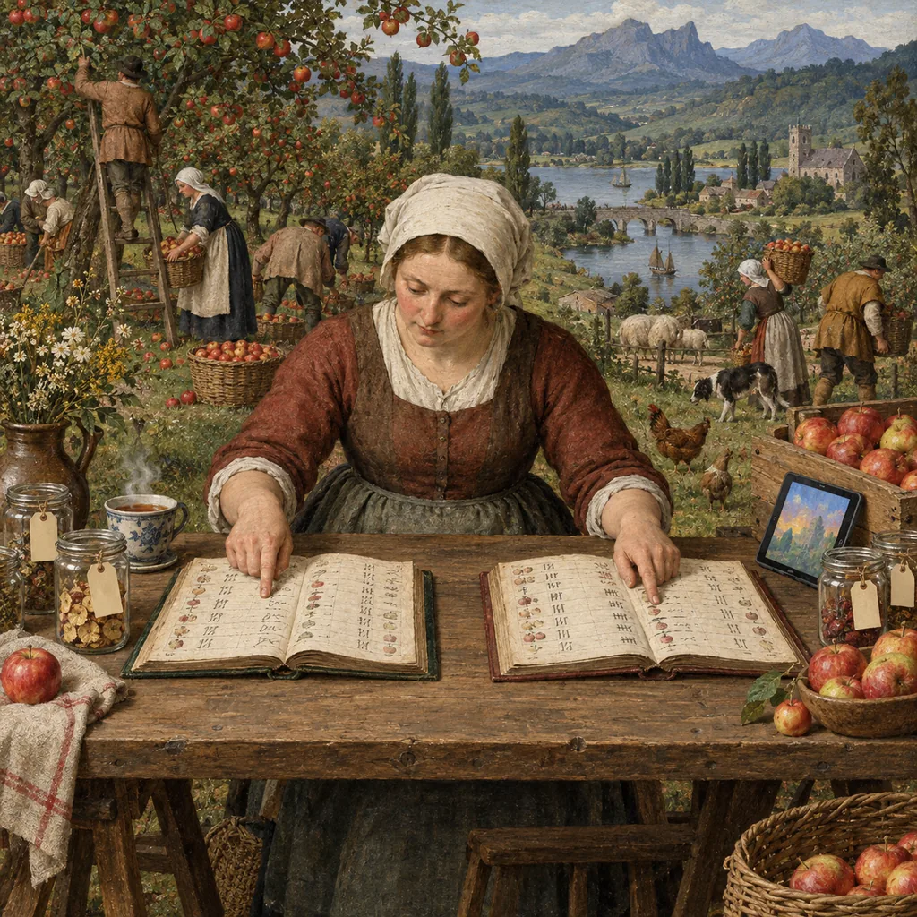 A Bruegel-style apple orchard at harvest where a woman at a trestle table compares two ledgers beside glass jars holding paper tags, with a steaming cup of tea and a glowing tablet propped on an apple crate.