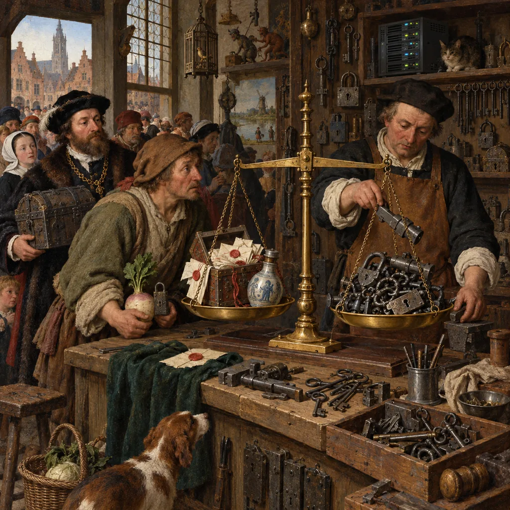 A crowded Flemish locksmith's workshop where a locksmith adds a bolt to a balance scale that weighs a chest of sealed letters and a physician's flask against a heap of locks, while a peasant with a turnip and a jeweller with a strongbox wait, and a small server blinks on a shelf.