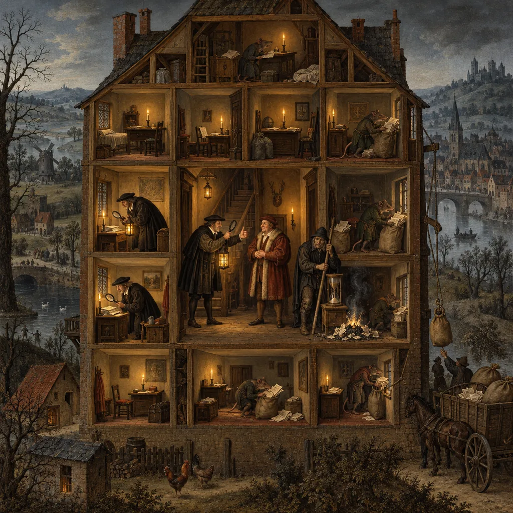 A Bosch-style cross-section of a many-roomed house where an inspector with a lantern checks three rooms and signals all clear to the owner, while in the unchecked rooms rat-headed clerks pass sacks of papers out of a window to a cart, and an empty hourglass stands in the hall.